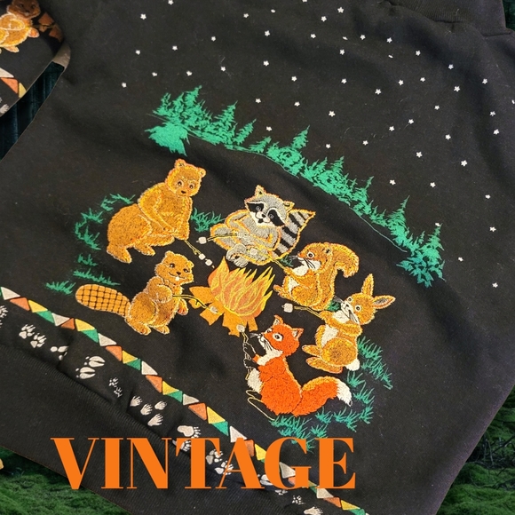 Vintage 70s Childs Sweatshirt Campfire Forest Friends Printed Both Sides Iconic - Picture 2 of 7